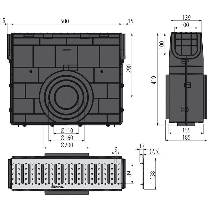 Vonkajšia žľabová vpusť štrbinová s asymetrickým revíznym nástavcom 100 mm, pozinkovaná oceľ | AVZ101R-R121R - technické parametre