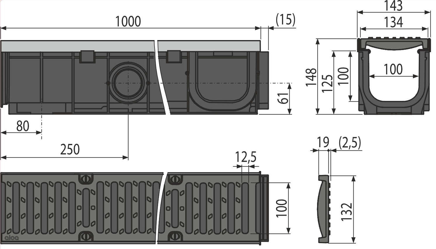Vonkajší žľab 100 mm s kovovým rámom a liatinovým roštom C250 | AVZ103-R202 - technické parametre