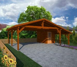 Prístrešok s bočnou prístavbou s latovaním 680×500 cm
