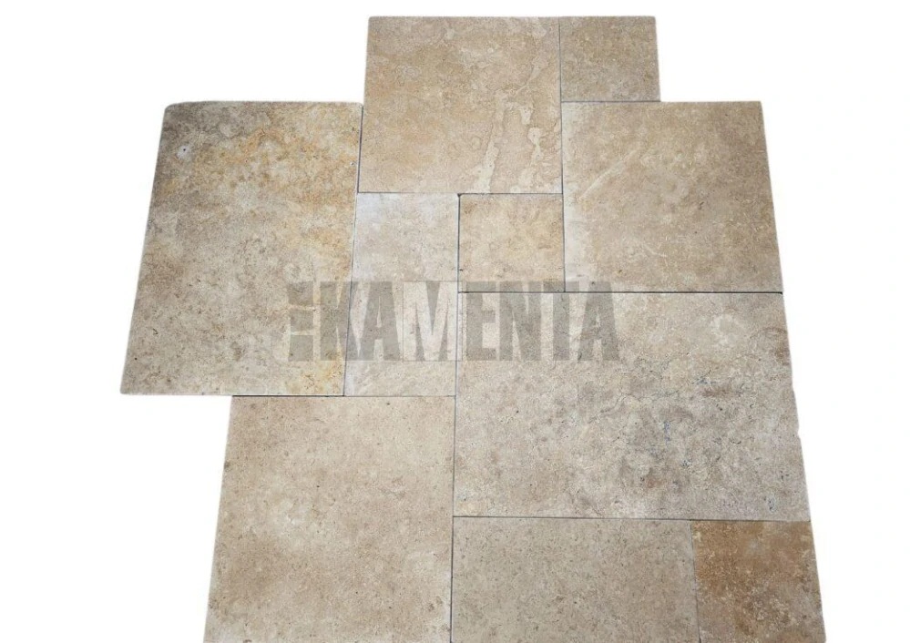 Travertín Camel dlažba / obklad Francúzsky vzor hrúbka : 12mm, rezané hrany